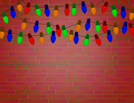 String of Color christmas light bulbs on red brick wall. Vector illustration.のイラスト素材