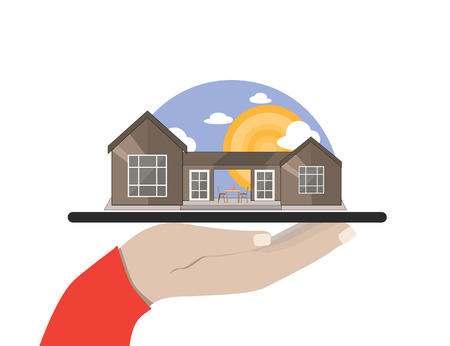 Hand holds a tablet with House. Vector flat illustration.のイラスト素材