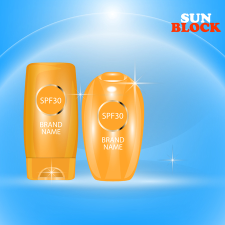 Realistic packages of Sun Protection Cream tubes. Vector illustrationのイラスト素材