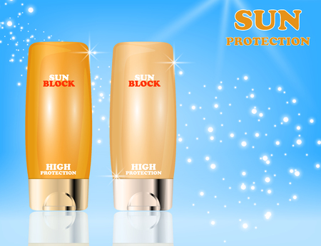 Realistic packages of Sun Protection Cream tubes. Vector illustrationのイラスト素材