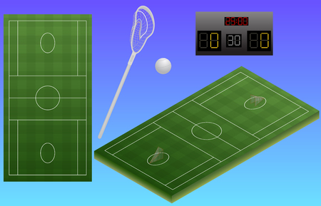 Infographic lacrosse playground, ball, lacrosse stick, and scoreboard. Top view of lacrosse stadium. Isolated. In vectorのイラスト素材