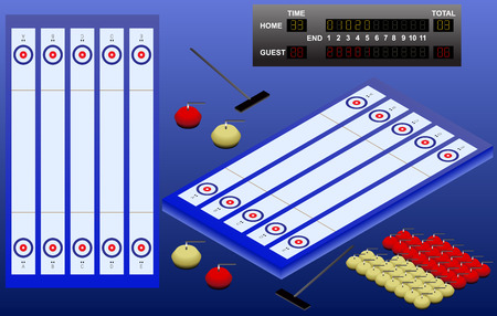 Isometric Curling stadium, stones, broom, and scoreboard. Curling playground top view. Isolated elements. In vectorのイラスト素材