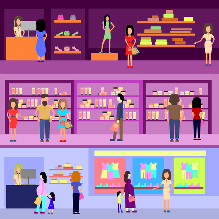 People shopping in a mall concept. Design elements and banners. Flat style Vector Illustration.のイラスト素材