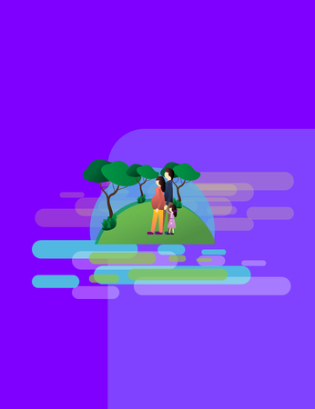 Young Family with Daughter on the Walk.  Vector Illustration in a flat style