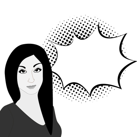 Black and white Pop art woman portrait with speech bubble and halftone shadow. Vector Illustrationのイラスト素材