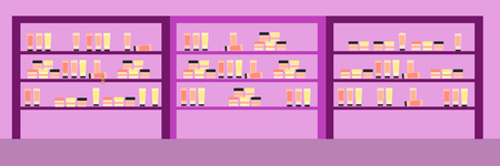 Cosmetics store with colorful cosmetic products in plastic bottles in shelves. Flat style vector illustration.のイラスト素材