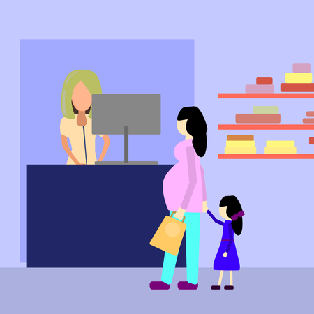 Pregnant woman with girl in cosmetic store. Flat vector illustrationのイラスト素材