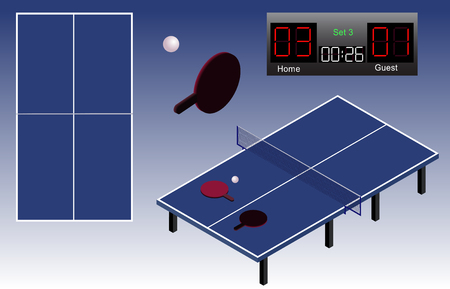 isometric playground table, ball, rackets, and scoreboard.   playground top view. Isolated. In vectorのイラスト素材