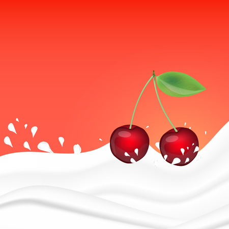 Cherry splashing in milk on a pink background. Fruit and yogurt. Realistic Vector illustration.のイラスト素材