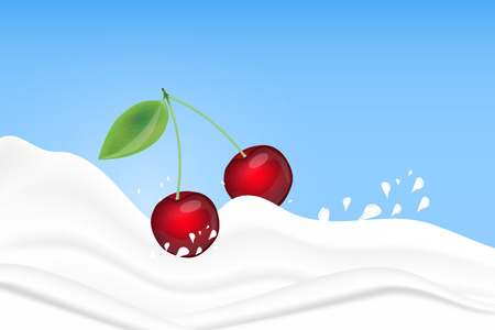 Cherry splashing in milk on a blue background. Fruit and yogurt. Realistic Vector illustration.のイラスト素材