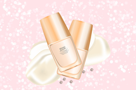 Luxury cosmetic cream jar on bokeh background with creamy swirling. Cosmetics package mockup design. 3d vector illustration.のイラスト素材