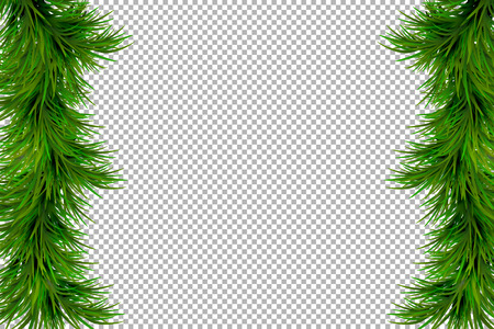 Merry Christmas and Happy New Year background with fir branches isolated on transparent background. Modern design. Universal vector background for poster, banners, flyers, card.のイラスト素材