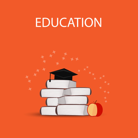 Graduation cap on stack of books. College, university education concept. Vector illustration.のイラスト素材