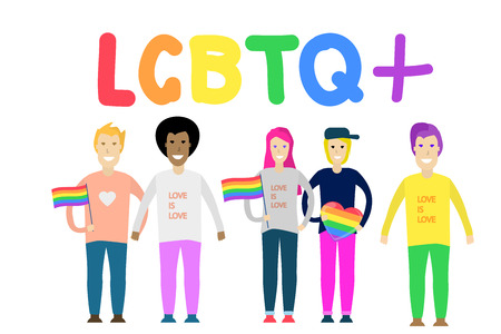 A group of people with rainbow flags and symbols. Celebrating gay people rights. Same-sex love.  LGBT. LGBTQ. Vector illustrationのイラスト素材