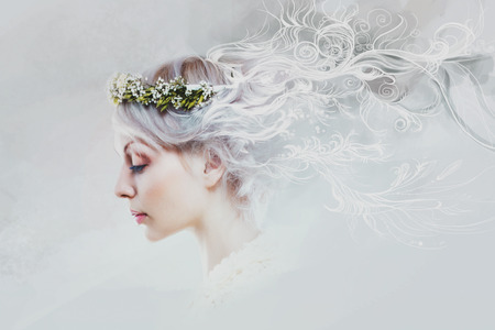 young beautiful woman, in the mind of colors and patterns, imaginationの写真素材