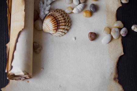 Old scroll of parchment with sea pebbles and seashells
