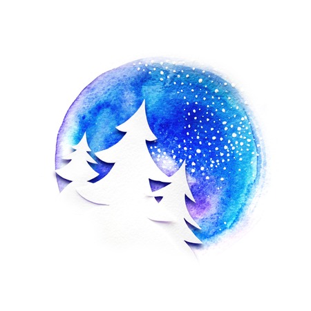Watercolor illustration of fir tree on a round backgroundの写真素材