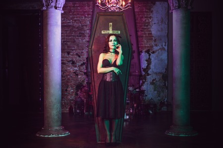 Beautiful and sexy vampire in her mansion. Halloween costumeの写真素材