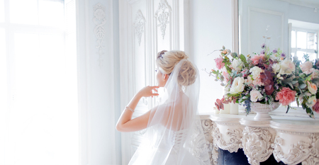 Charming young bride in luxurious wedding dress. Pretty girl, the photo Studio. Back. Soft blur place for your text on the leftの写真素材