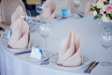 Wedding banquet, small restaurant in Maritime style. Guests with guest cardsの写真素材