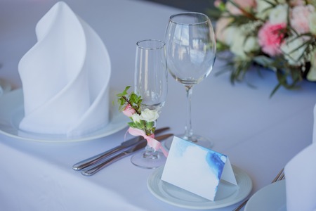 Wedding banquet, small restaurant in Maritime style. Guests with guest cardsの写真素材