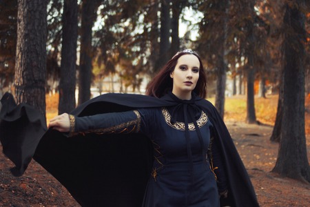 Young beautiful and mysterious woman in the woods, in a black cloak with a hood, the image of a forest elf or witchの写真素材
