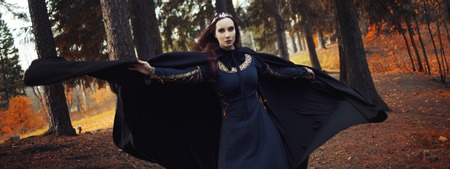 Young beautiful and mysterious woman in the woods, in a black cloak with a hood, the image of a forest elf or witchの写真素材