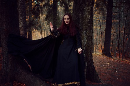 Young beautiful and mysterious woman in the woods, in a black cloak with a hood, the image of a...