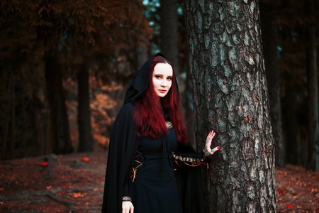 Young beautiful and mysterious woman in the woods, in a black cloak with a hood, the image of a forest elf or witchの写真素材