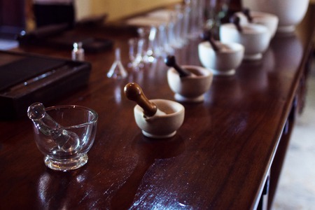 Vintage ceramic and glass mortar. Chemical laboratoryの写真素材