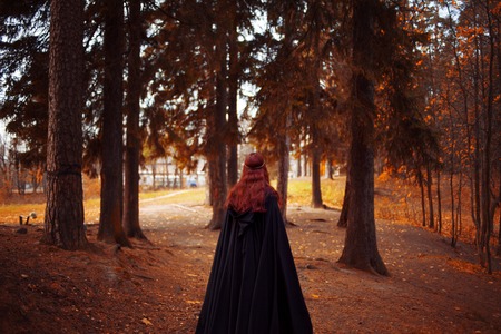 Young beautiful and mysterious woman in woods, in black cloak with hood, image of forest elf or witch, backの写真素材