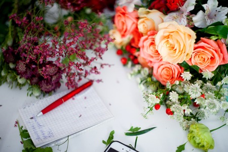 Workshop florist, table with flowers, still life. Soft focusの写真素材