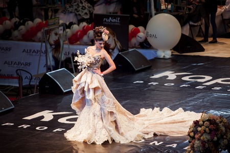 SAINT PETERSBURG, RUSSIA - FEBRUARY 24, 2017: the Bride's walk down the runway, wedding image at the festival of beauty "Nevskie Berega"のeditorial素材