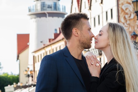 Loving couple on a background of romantic old European cityの写真素材