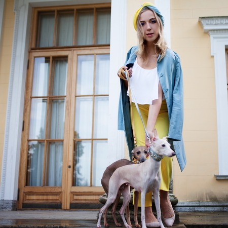 Stylish and beautiful young woman walks with dogsの写真素材