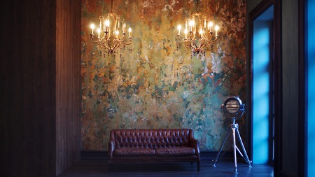 Interior with leather sofa and luxury lamp. Textured backgroundの写真素材