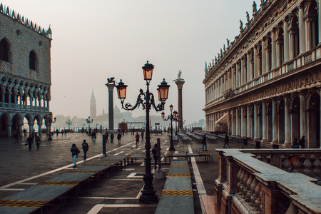 Venice, view of Piazza San Marco, a lot of tourists, fogの写真素材