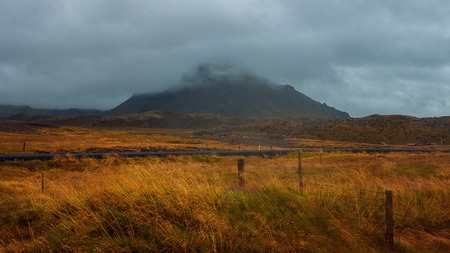 Landscape of Iceland, fog and rain. A journey into a far countryの写真素材
