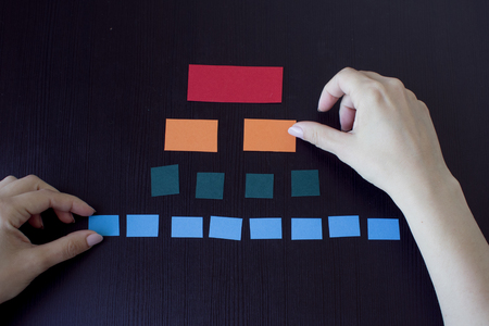 block diagram from the paper, female hands simulating processの写真素材
