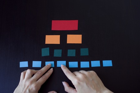 block diagram from the paper, female hands simulating processの写真素材