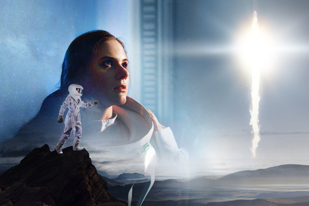 Double exposure. Astronaut on another planet. Portrait of young beautiful girl in a spacesuit.