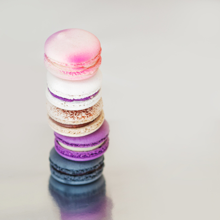 Pyramid of bright colored macaroni cakes. Sweet dessert, delicious French cookie.の写真素材