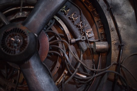 Steampunk retro background. Large propeller, rusty motor