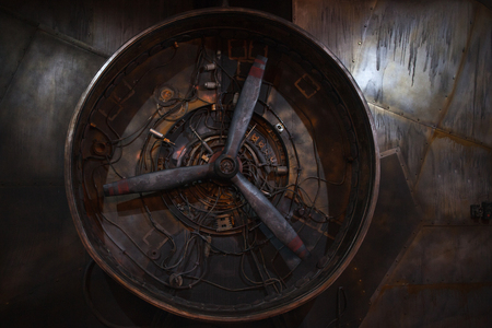 Steampunk retro background. Large propeller, rusty motor