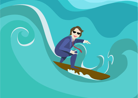 Businessman on surf. businessman catches the wave. Concept of startup business, Investor on the Board for surfing on wavesのイラスト素材