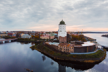 Vyborg, top view of the city and the fortress with Olaf tower. Autumn view of the medieval city