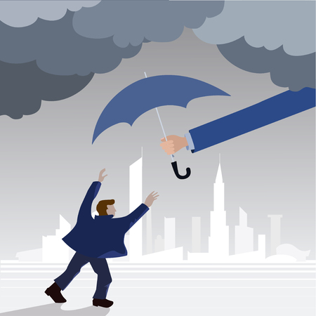 Insurance of assets and Bank deposits. Risky investments. Hand on top of the person extends an umbrella, protection and insurance. on the background of cityのイラスト素材