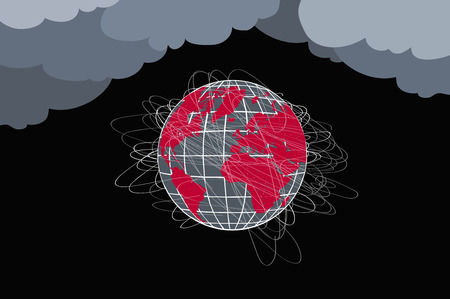 Planet at risk. Globe in red and black colors, many lines, under storm clouds, concept
