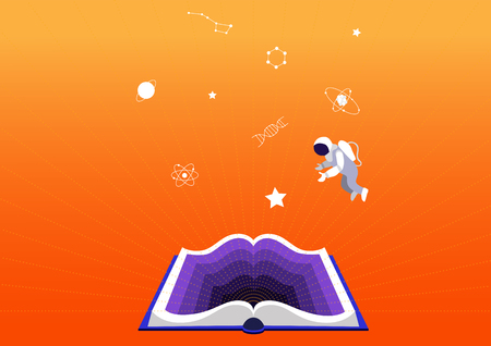 concept of education and training. Open book on  orange background. Science fiction or educational booksのイラスト素材
