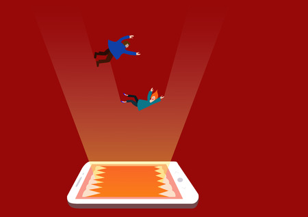 social media addiction, concept. dependence on the smartphone. tiny people fall into the glowing screen of the laptop. dark red backgroundのイラスト素材